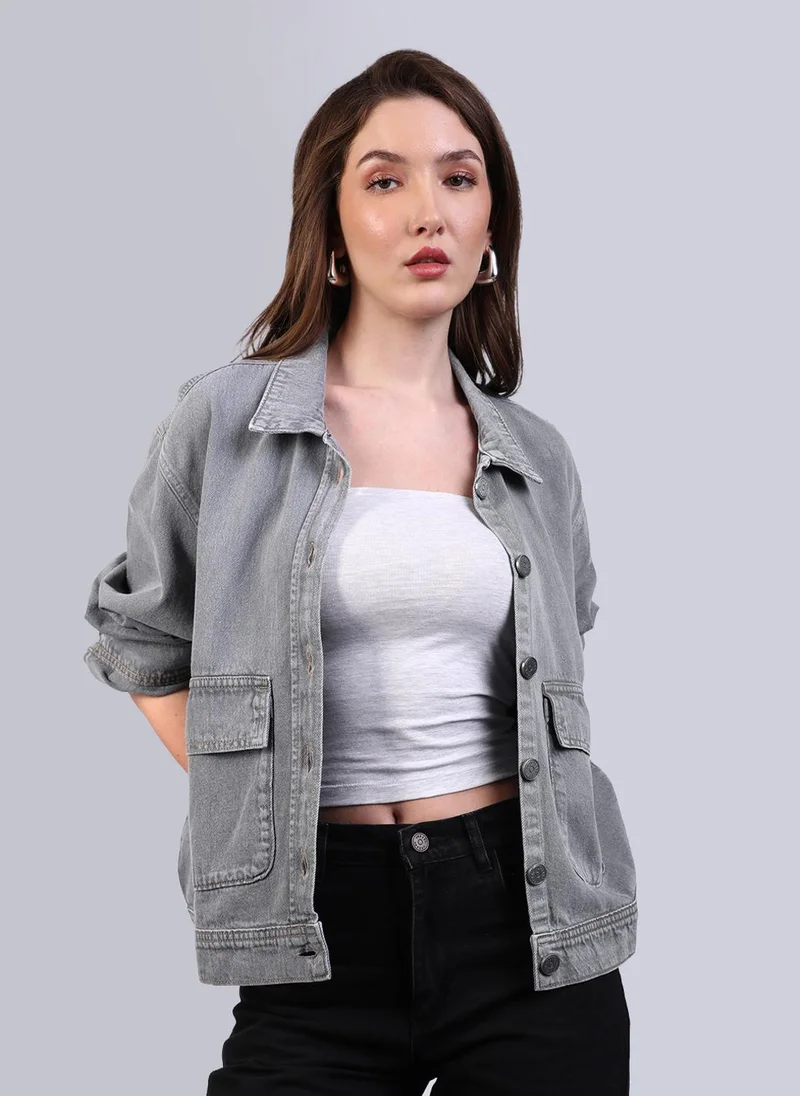Urbano Fashion Women's Ice Grey Relaxed Fit Full Sleeve Utility Denim Jacket